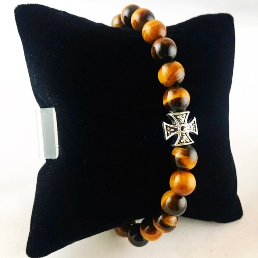 Men or women tiger eye silver cross bead bracelet